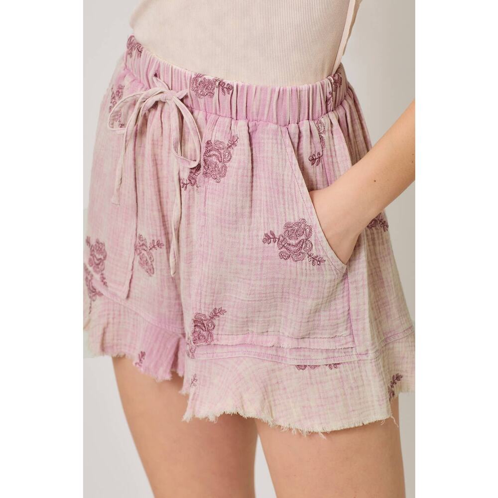 "Rosebush" Double Gauze Ruffle Shorts in Washed Rose Pink